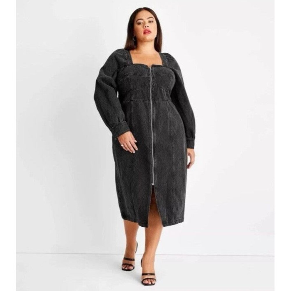 Future Collective X Kahlana Barfield Brown Denim Midi Aline Dress 20/22W Smocked